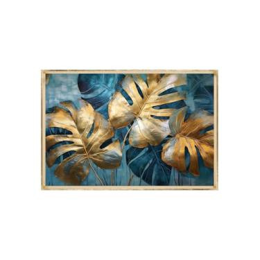 Imagem de Quadro Decorativo com Vidro Sala Hall Quarto 84x124cm Azul Folhas
