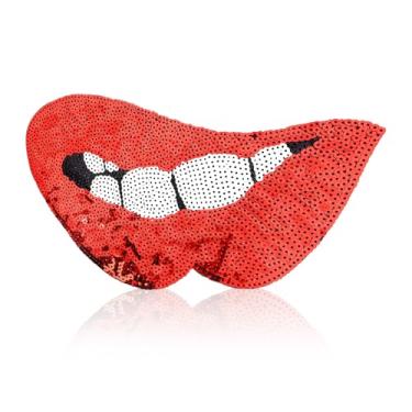 Imagem de FANCIBAND Lábios de lantejoulas para passar a ferro, aplique bordado com glitter de 26,5 cm, grande remendos para jaquetas, roupas, jeans, moletom com capuz, camiseta - vermelho