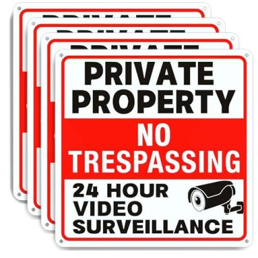 Imagem de Pacote com 4 placas sem invasão de propriedade privada, placa de vigilância por vídeo, placa de câmera de segurança de alumínio livre de ferrugem de 24 x 24 cm, fácil de instalar, usa materiais