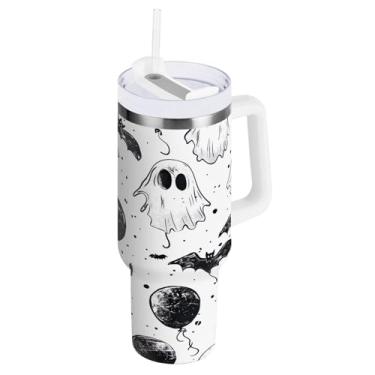 Imagem de STAYTOP Copo de fantasmas e balões de 1,134 g com tampa e canudo, copo isolado de aço inoxidável durável à prova de vazamento com alça, garrafas de água à prova de derramamento para viagens