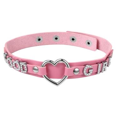 Imagem de Rofusn Colar gargantilha com letras de coração para mulheres: Colar gargantilha de couro rosa punk ajustável Y2K acessórios para festa de Natal e Halloween