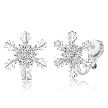 Imagem de LAXPICOL Brincos de floco de neve para mulheres, brincos de zircão cúbico transparente sem perfuração, floco de neve de inverno, prateado