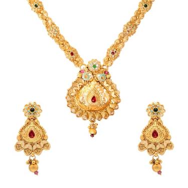 Imagem de Bodha Kundan banhado a ouro feito à mão, zircônia cúbica, colar Haram de ouro cravejado de um grama com brincos combinando conjunto de joias/joias para noivas longas para mulheres (SJN_275)