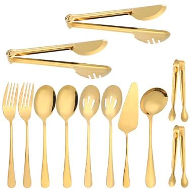 Imagem de Conjunto de utensílios de servir de ouro de 12 peças, conjunto de utensílios de aço inoxidável inclui colher de servir, colheres soltas, garfo, pinças de açúcar, pinças de comida, espátula de bolo