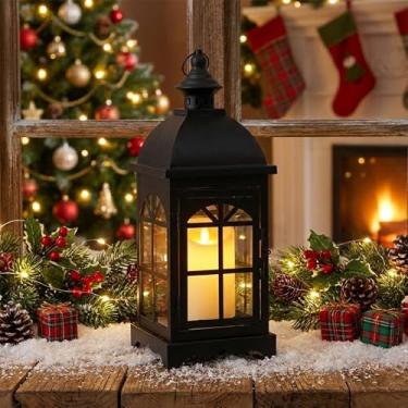 Imagem de TRIROCKS Lanternas decorativas vintage 36,8 cm H lanternas penduradas ao ar livre com vidro temperado para varanda, varanda, pátio, casa, centros de mesa, interior, exterior (preto)