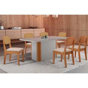 Imagem de Sala Jantar Mesa Pietá Tampo c/ Vidro Curvo 180cm+6 Cadeiras Havana Naturale/Off White - Suede Creme - Rufato