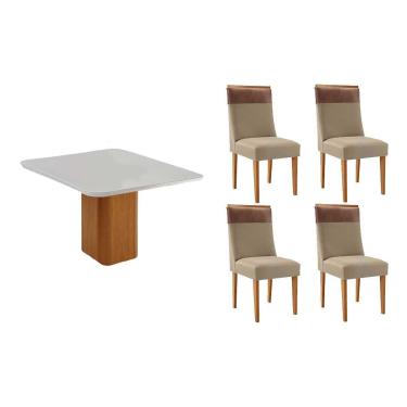 Imagem de Sala Jantar Mesa Maldivas Tampo c/ Vidro Curvo 90cm+4 Cadeiras Jaspe Madeira Naturale/Off White - Capuccino/Linho Bege - Rufato