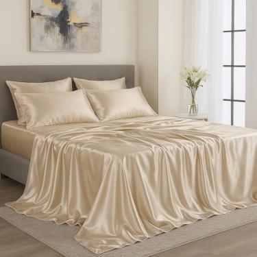 Imagem de Jogo de Cama Cetim Charmousse Casal Queen King Brilhante 4 Peças Toque Macio Sedosso(Bronze,Solteiro 3 peças)