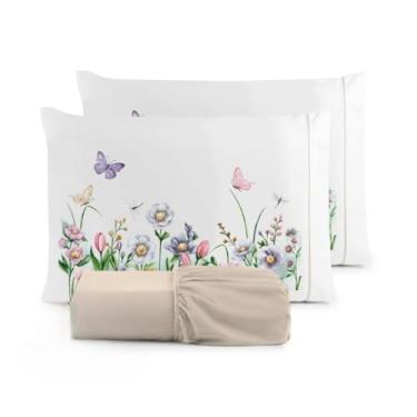 Imagem de Kit Jogo de Lençol Micropercal 400 Fios Ponto Palito Fronha Estampada(Borboleta - Lençol Avelã,Casal Queen 03 Peças)