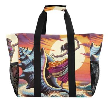 Imagem de ODAWA Bolsa feminina estética de mercearia de verão - Bolsa de lona dobrável à prova d'água à prova de areia dançando no mar praia, Dançarina dançando no mar, One Size