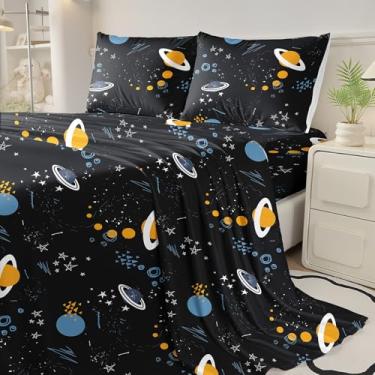 Imagem de MWMWMW Jogo de lençol solteiro infantil, com 3 peças, universo espacial, para meninos, adolescentes, sem rugas, respirável e aconchegante, com bolsos profundos, lençol solteiro para meninos com fronha