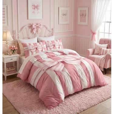 Imagem de CCoutueChen Conjunto de capa de edredom com laço rosa, tamanho solteiro, 2 peças, roupa de cama macia com listras fofas para meninos e crianças, conjunto de apostas de microfibra quente com 1 fronha