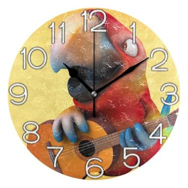 Imagem de GAIGEO Relógio de parede amarelo papagaio de desenho animado alegre analógico decorativo quarto cozinha relógio redondo sem tique-taque silencioso, sala de estar, decoração de parede moderna, 25 cm