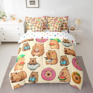 Imagem de Feelyou Lindo conjunto de edredom solteiro com capivara kawaii, 7 peças, café, donuts, melancia, para decoração de quarto, microfibra leve e macia
