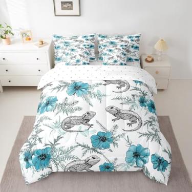 Imagem de Jogo de cama casal com dragão barbudo, lagarto selvagem, natureza, tropical, floral, 7 peças, edredom com edredom, lençóis, fronhas e capa de almofada