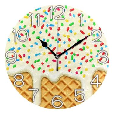 Imagem de Relógio de parede analógico decorativo operado por bateria para quarto e cozinha, decoração de parede de meados do século, sala de estar, estampa de biscoito amarelo de desenho animado, bege, 25 cm