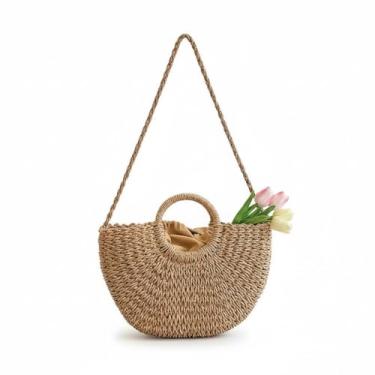 Imagem de Friend Bolsa de palha de verão meia Lua para praia feita à mão com tecido de vime de palha para mulheres e viagens, Caqui, 12.6 x 2.36 x 8.66 Inch