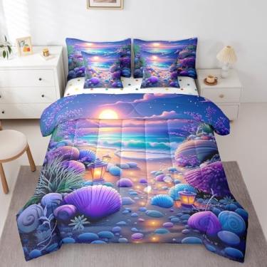 Imagem de Erosebridal Conjunto de edredom infantil com estampa de oceano e praia, 7 peças, estética, romântico, roxo, concha costeira, oceano, verão, flores, plantas, conjunto de lençol com edredom para
