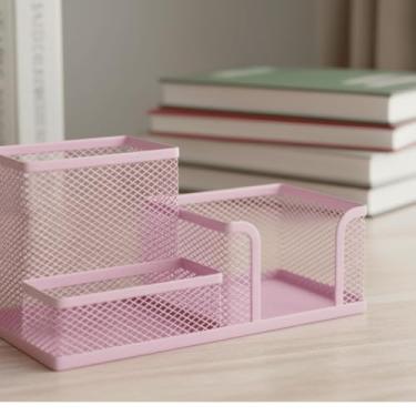 Imagem de Porta objetos lápis, caneta, adesivos de escritório com 3 divisórias elegante e simples rosa bebê