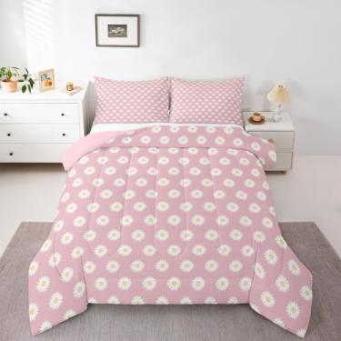 Imagem de Feelyou Jogo de cama solteiro com estampa floral botânica rosa e branca para crianças, meninos e meninas, estampa de flores, edredom com tema natural, 2 peças com 1 fronha