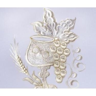 Imagem de Algodão quadrado, adequado para mesas com 4, 6, 8 e 10 lugares, com toalha de mesa bordada em cor sólida, ideal para cozinhas e igrejas(Cálice de Uvas Fio Dourado,1,50M - 4 Cadeiras)