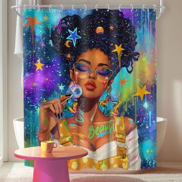 Imagem de MESHELLY Cortina de chuveiro para meninas negras 60 x 72 A colorido céu estrelado mulher negra afro-americana moderna cortina de banheiro com citação inspiradora cortina de banho acessórios de