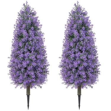 Imagem de Conjunto de 2 árvores de bola de topiaria artificial com espigão no solo, plantas artificiais de 81 cm, arbustos falsos, realistas, decorações para ambientes externos e internos (lavanda, 81 cm)