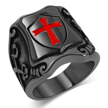 Imagem de Oaldilee Anel de cruz para homens, aço inoxidável, anel de nó celta, ouro 18 quilates, metal preto, retrô, vintage, religioso, cristão, nórdico, viking, machado de batalha, tamanho 7-13, com caixa de