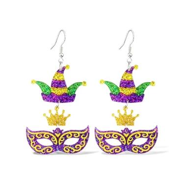 Imagem de Brincos de carnaval, joias femininas com contas para festa de carnaval, acessórios para fantasia festiva, roxo, dourado, verde, flor de lis, pendurado, decoração festiva de férias, Metal, Sem pedra