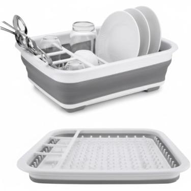 Imagem de Escorredor de Louças Retrátil de Silicone Dobrável Compacto para Pratos, Talheres e Copos — Ideal para Cozinhas Pequenas — Cinza e Branco