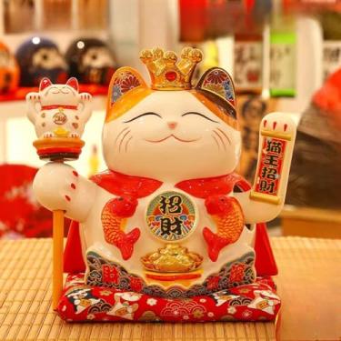 Imagem de FENNYYAR Coroa de braço ondulante Koi Maneki Neko para dar cerâmica ao pequeno gato branco, 29 cm 28,7 cm, decoração de presente de loja de abertura criativa