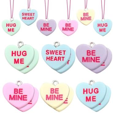 Imagem de 24 peças de mini resina dia dos namorados enfeites de corações de conversa minúsculos ornamentos para pendurar no dia dos namorados para árvore pastel coração miniaturas estatuetas encantos com cordão