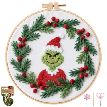 Imagem de BBLYBD Kit de bordado de Natal, 1 conjunto de kit de artesanato de ponto cruz para iniciantes com tecido de bordado pré-impresso, argola, instruções passo a passo, fios de cor e agulhas (Natal - 1