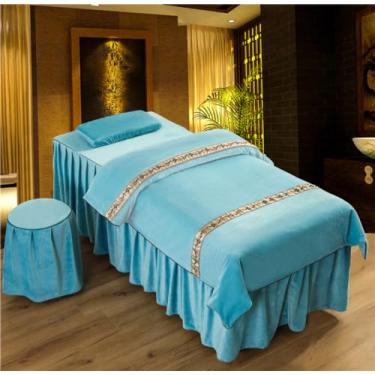 Imagem de Conjunto de lençóis de mesa de massagem, capa de cama de beleza com orifício, veludo, spa, fumigação, salão de beleza, respirável, microfibra respirável, roupa de cama de massagem de beleza, azul-2||