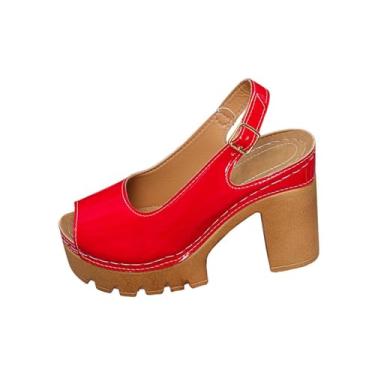 Imagem de Sandálias femininas de verão boca de peixe salto alto PU superior casual plataforma confortável caminhada, Vermelho, 35