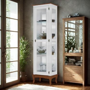 Imagem de Cristaleira De Madeira 1 Porta 3 Prateleiras, Espelho E Pés Luiz Xv - Branco Laca Com Tampo E Base Imbuia Glazer