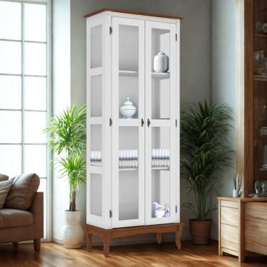 Imagem de Cristaleira De Madeira 2 Portas Pés Luiz Xv - Branco Laca Com Tampo E Base Imbuia Glazer