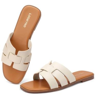 Imagem de Lookyno Sandálias rasteiras femininas 2025 elegantes de couro com bico aberto quadrado, Nude., 41