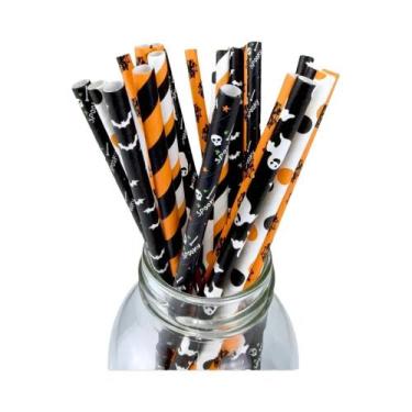 Imagem de Papel biodegradável palhas para halloween partido, preto e laranja, 10