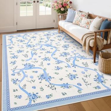 Imagem de GarveeHome Tapetes florais para quarto de meninas, 15 x 23 cm para sala de estar com pelo baixo macio, antiderrapante azul e branco, tapete lavável 15 x 23 cm para berçário, sala de jogos, dormitório