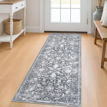 Imagem de KILOCOCO Corredor de corredor 2x5 tapete de cozinha estampado vintage floral lavável antiderrapante para corredores tapetes de lavanderia tapete boho envelhecido para quarto, cinza