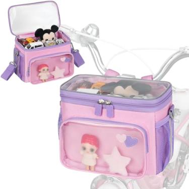 Imagem de Jaffzora Cesta de bicicleta infantil, bolsa de guidão com estrutura frontal para bicicleta de triciclo, linda cesta de bicicleta de tecido pequeno para meninos e meninas, rosa e roxo