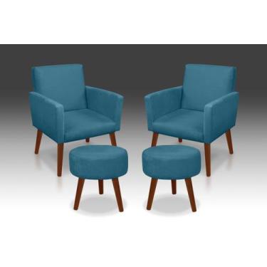 Imagem de kit 02 Poltrona Nina +02 Puf Redondo Suede Azul Claro -Modena Decor  -