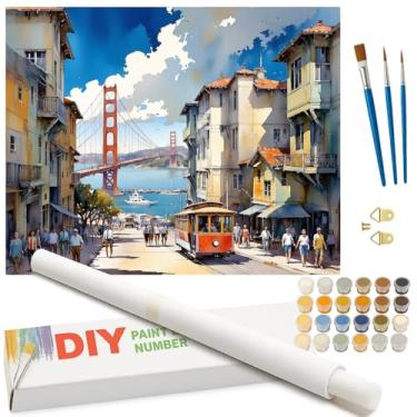 Imagem de Kit de pintura por números para viagem urbana para adultos – Pintura DIY de San Francisco Bridge and Cable Car enrolada em tela 40,6 x 50 cm, conjunto de tinta acrílica, adequado para iniciantes, arte