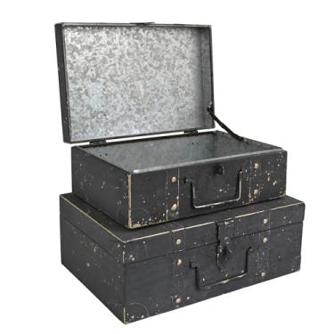 Imagem de Z² BellaDecor Baús de armazenamento de metal vintage – Conjunto de 2, baús de armazenamento decorativos antigos com tampas, caixas de mala decorativas, malas vintage para lembranças e decoração de