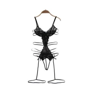 Imagem de Camisola Bodysuit Feminina Preta Transparente Com Decote Em V E Renda,