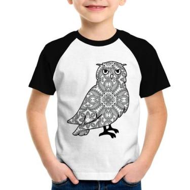 Imagem de Camiseta Raglan Infantil Coruja Mandala - Foca na Moda, Branco, Preto,