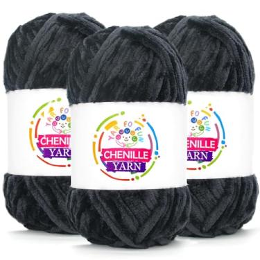 Imagem de Pacote com 3 fios de chenille de veludo para crochê, fio de pelúcia de veludo fofo preto grosso grosso e grosso para bebês para iniciantes em crochê e tricô (preto