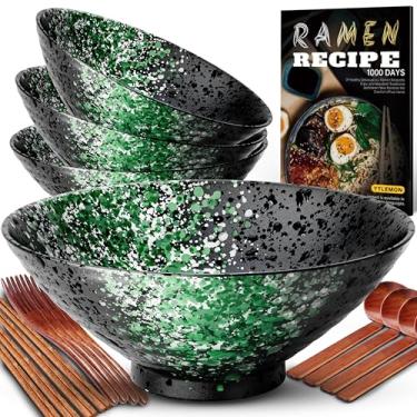 Imagem de YTLEMON Conjunto de 4 tigelas de cerâmica para ramen - Porcelana Japonesa Salada Noodles Cereais Frutas Massa Sopa Tigelas Grandes 4 × 1000 ml 1000 ml com Receitas Pauzinhos, Garfos e Colheres para