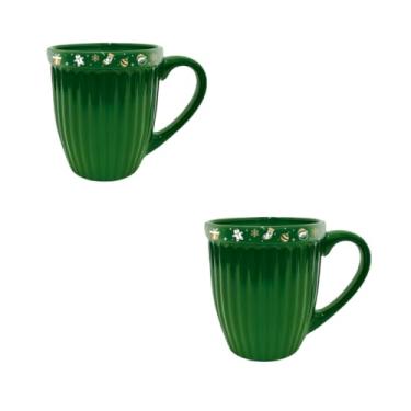 Imagem de Kit de 2 Canecas de Cerâmica 390ml 2ª Linha - Tema Natal Feliz, Ideal para Presente e Uso Doméstico (Verde Enfeites)